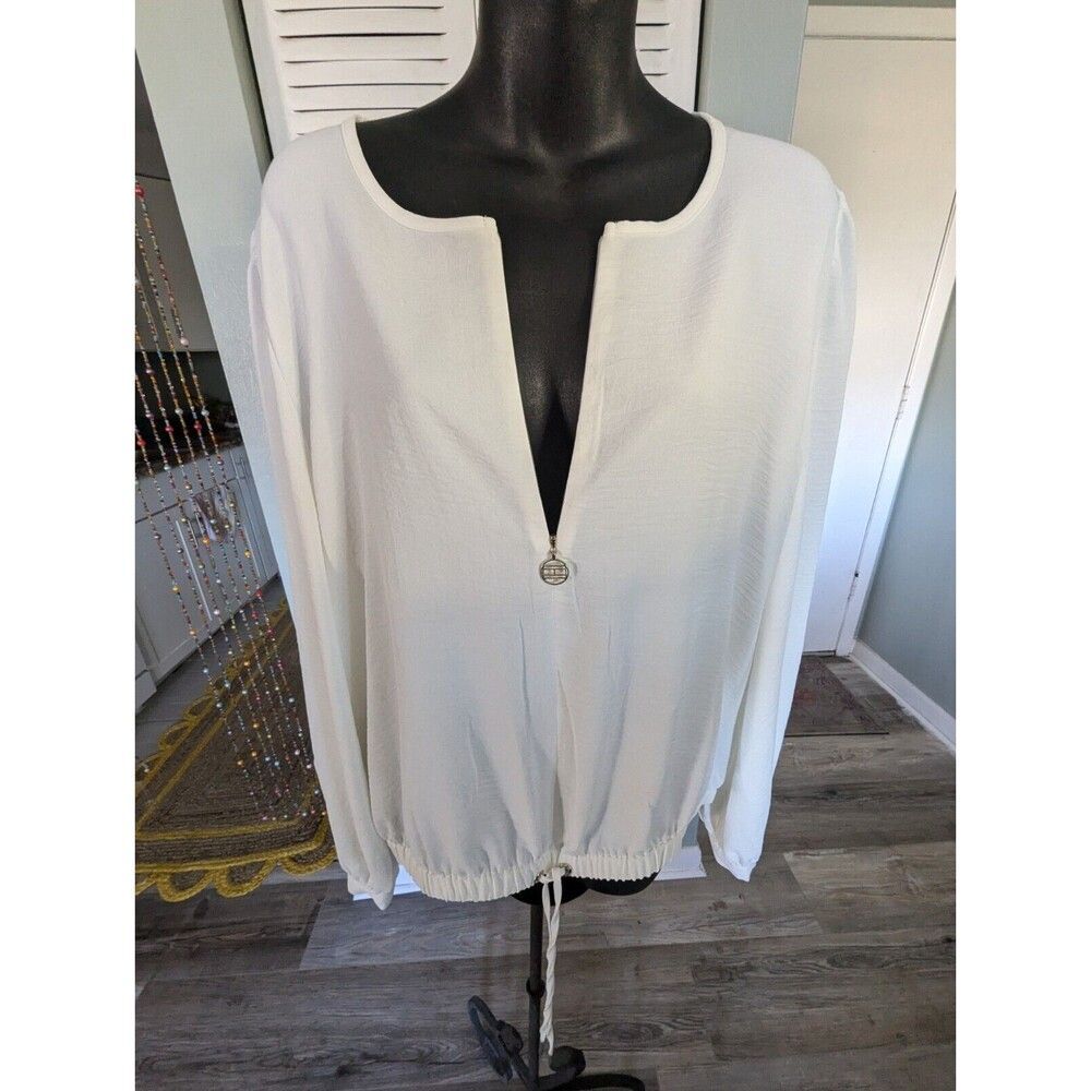 Tommy Hilfiger XL White Textured Drawstring Shirt Top Gold Zip Up Logo - Picture 3 of 8